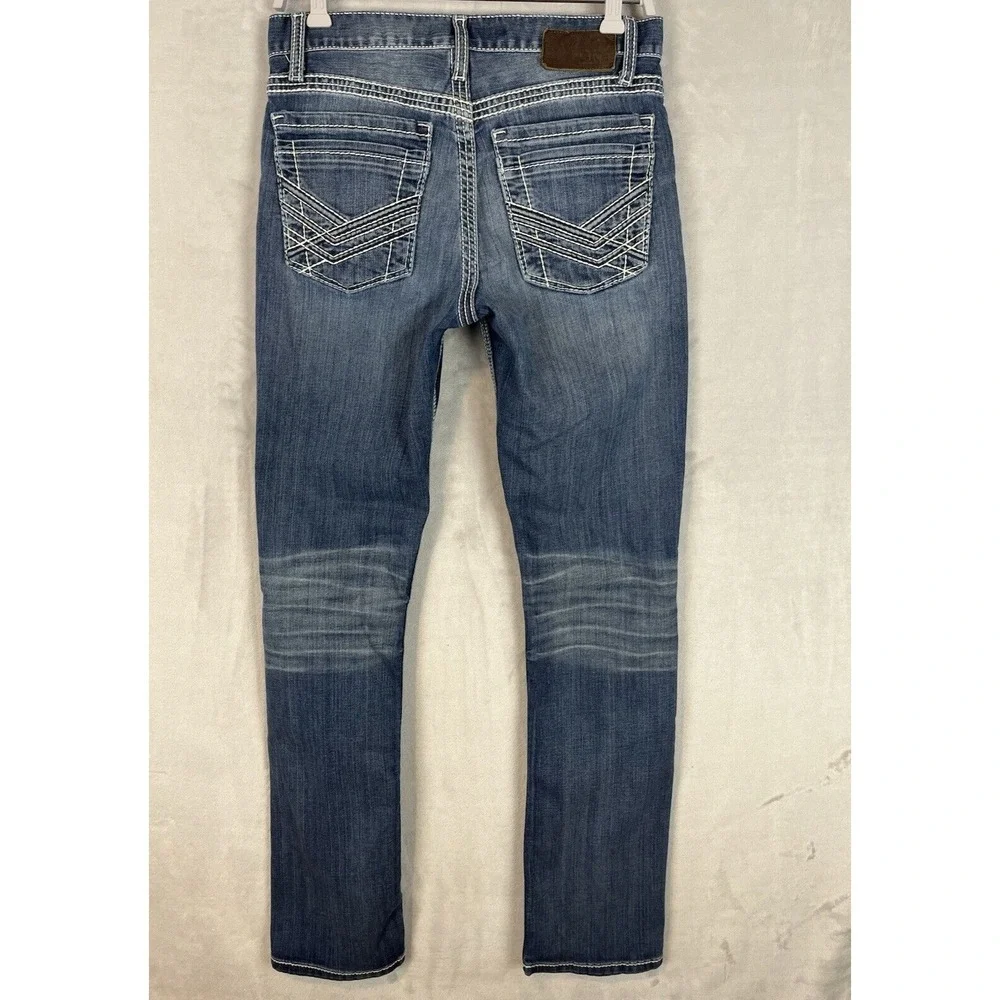 BKE Buckle Jake Jean Men 30L Blue Wash Straight Stretch Whisker Rodeo Cowboy